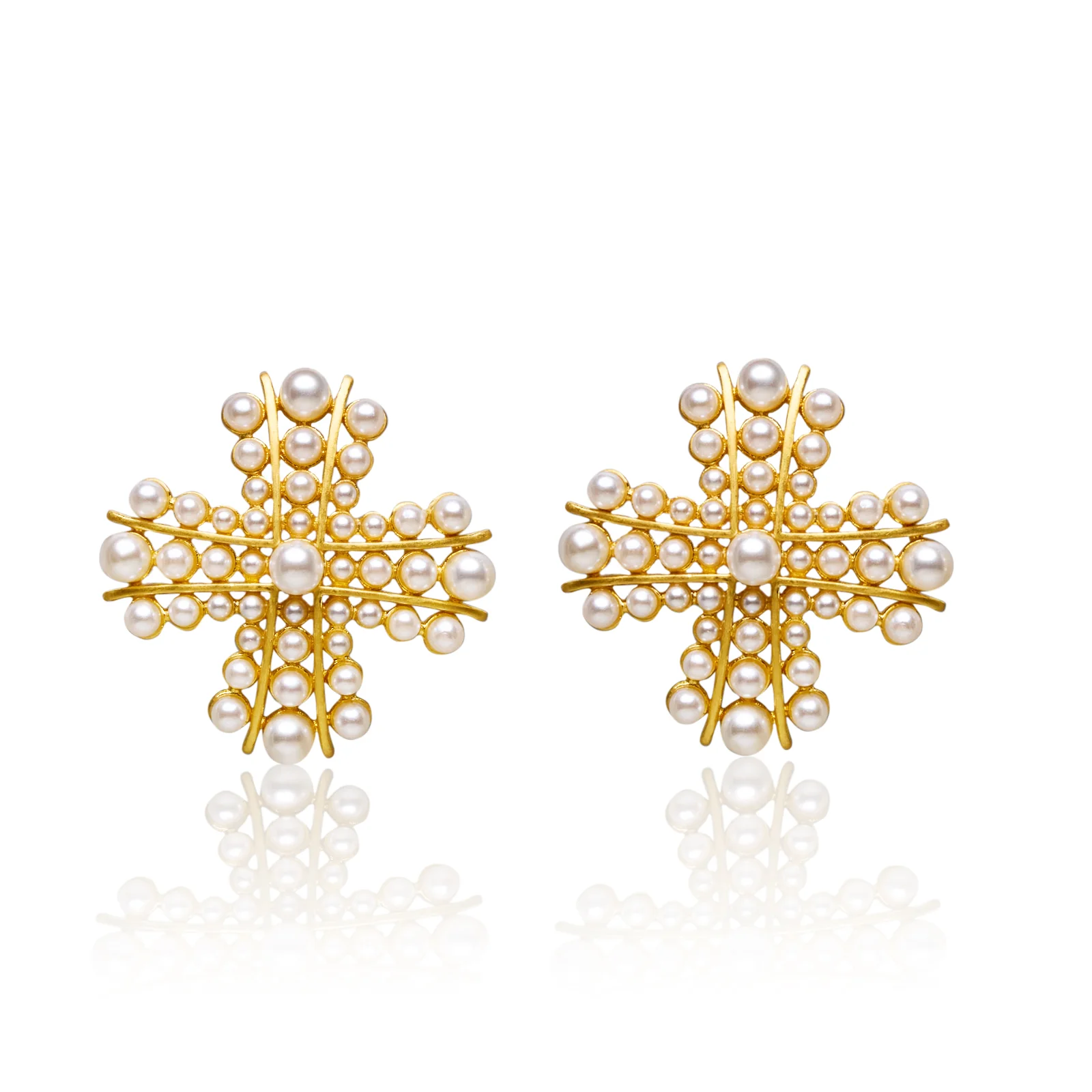 Cross Pearl Gold Plated Stud Earrings - Image 8