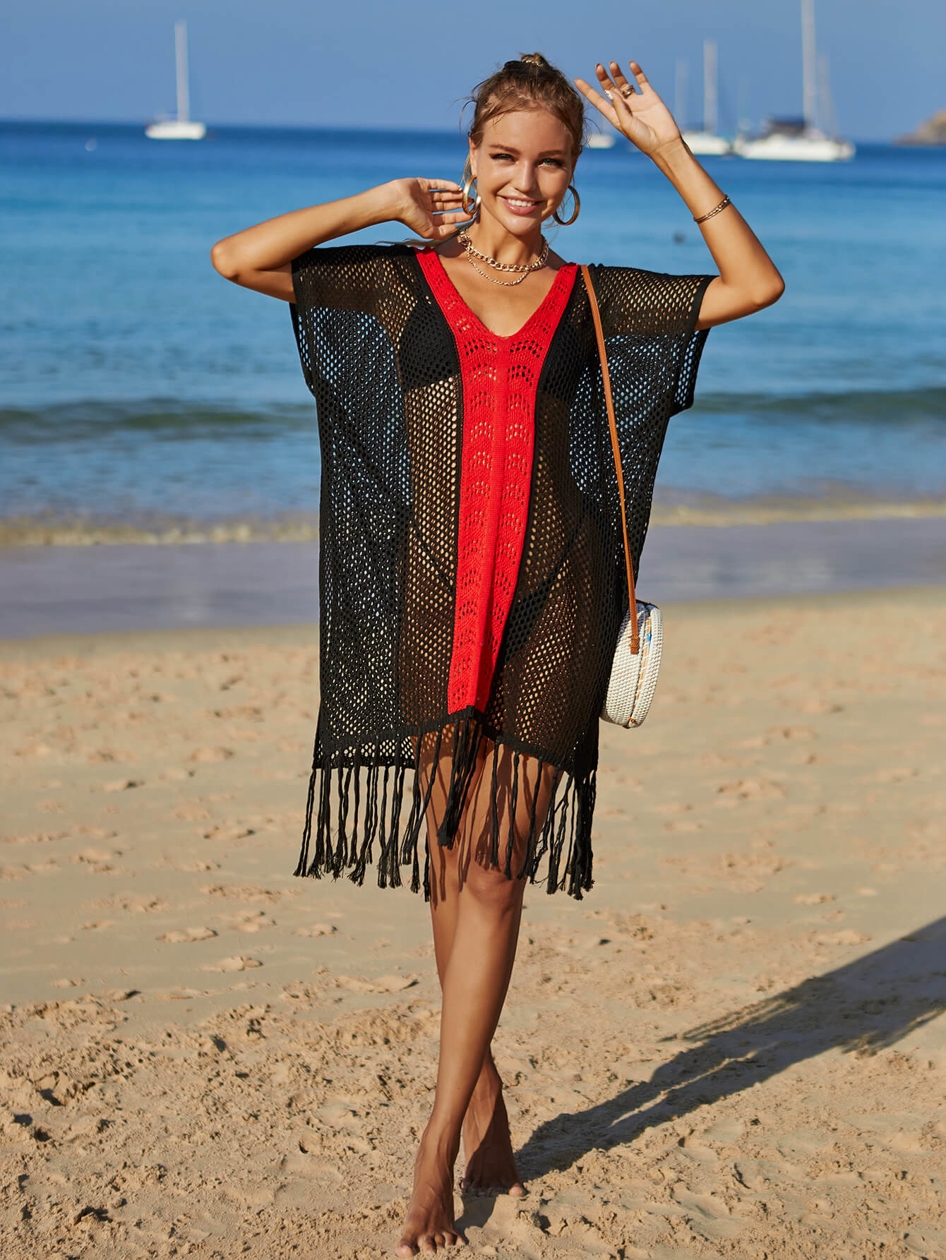 Cruise Oversized Knit Fringe Sweater - Black - Image 3
