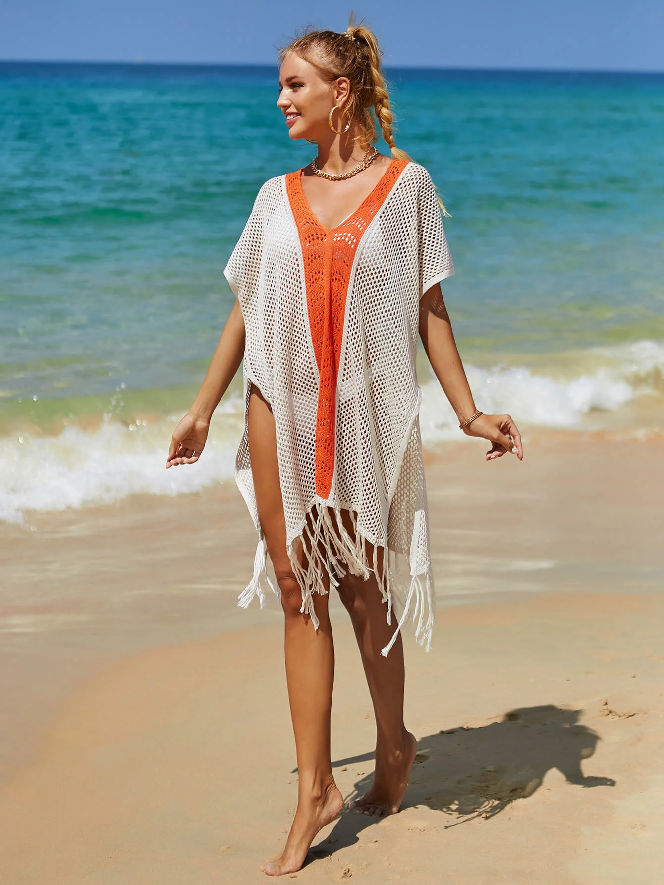 Cruise Oversized Knit Fringe Sweater - Orange - Image 4