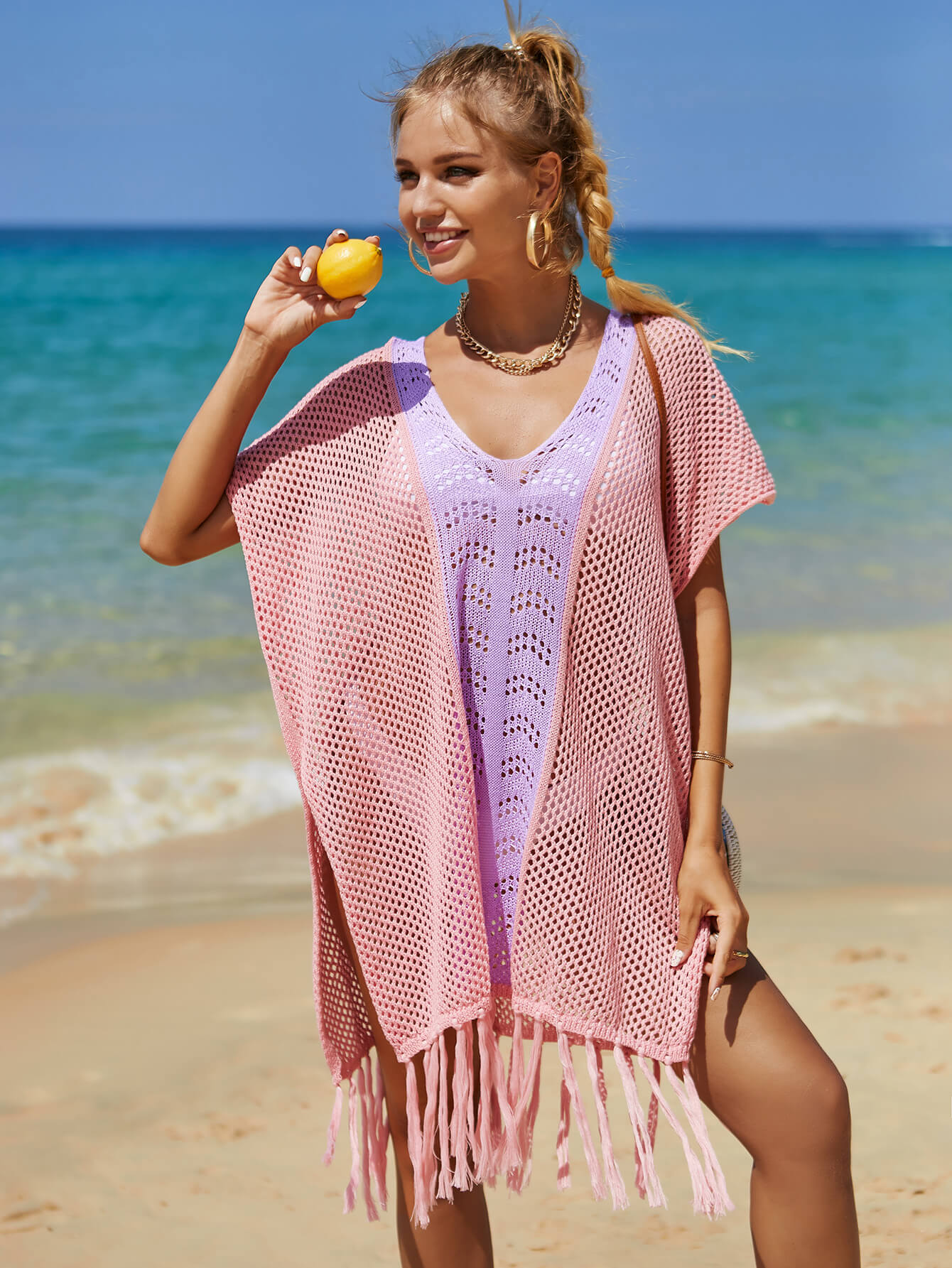 Cruise Oversized Knit Fringe Sweater - Pink - Image 2