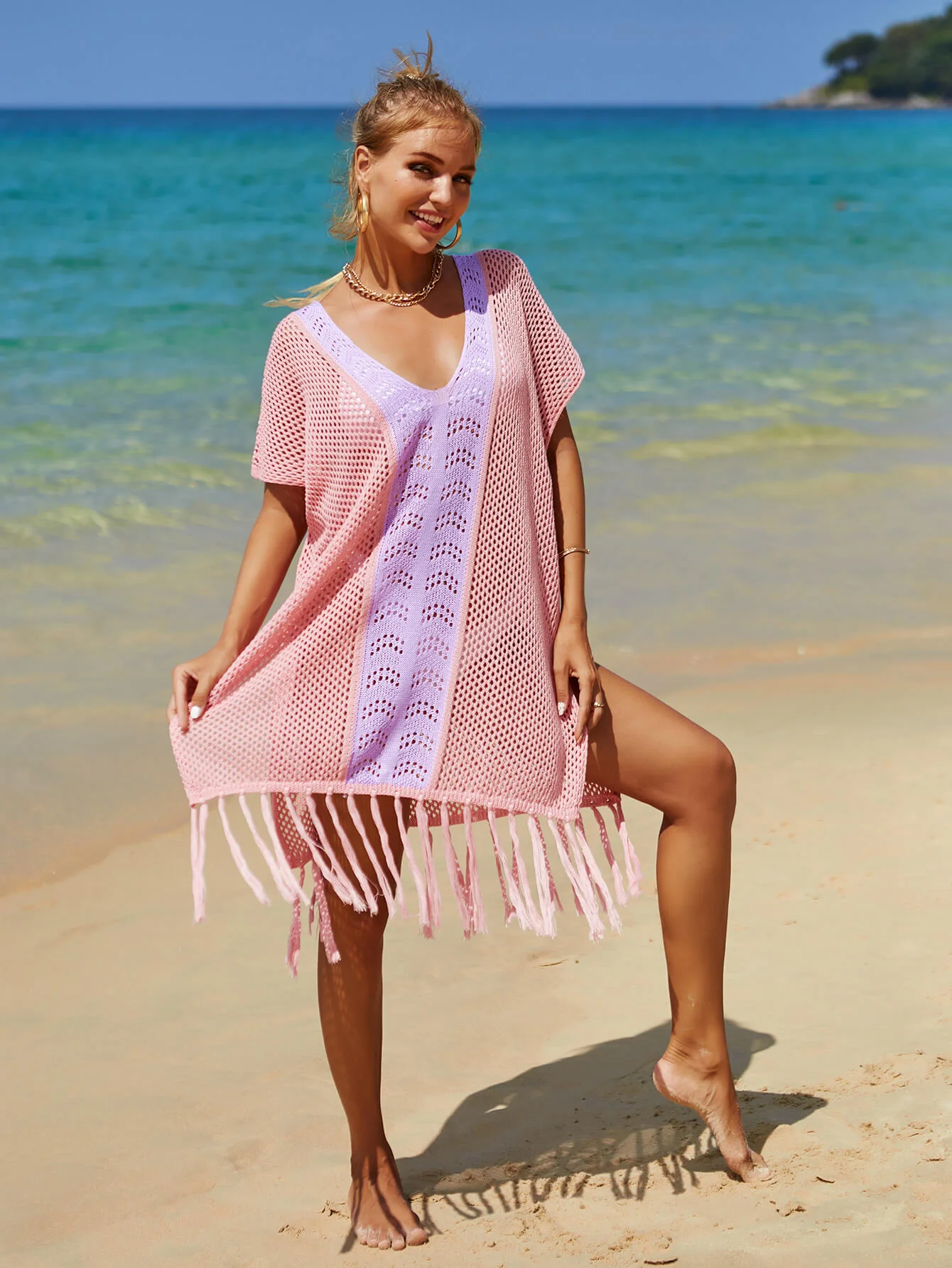 Cruise Oversized Knit Fringe Sweater - Pink - Image 3