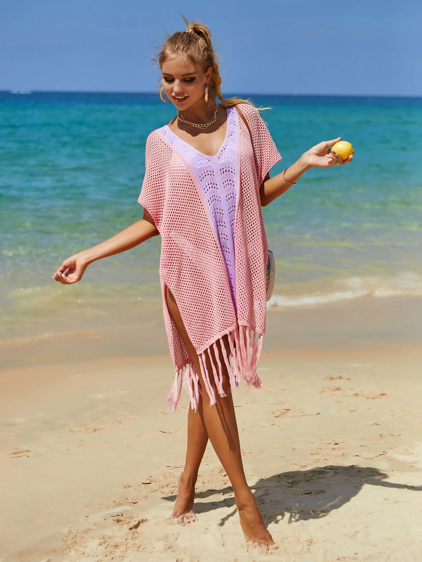 Cruise Oversized Knit Fringe Sweater - Pink - Image 6