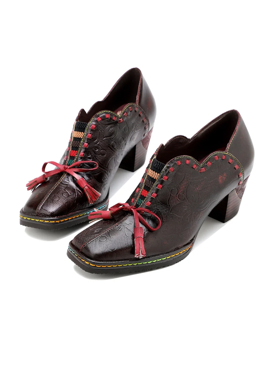 SOFFIA | Curve Ankle Floral Embossed Genuine Leather Loafers - Image 2