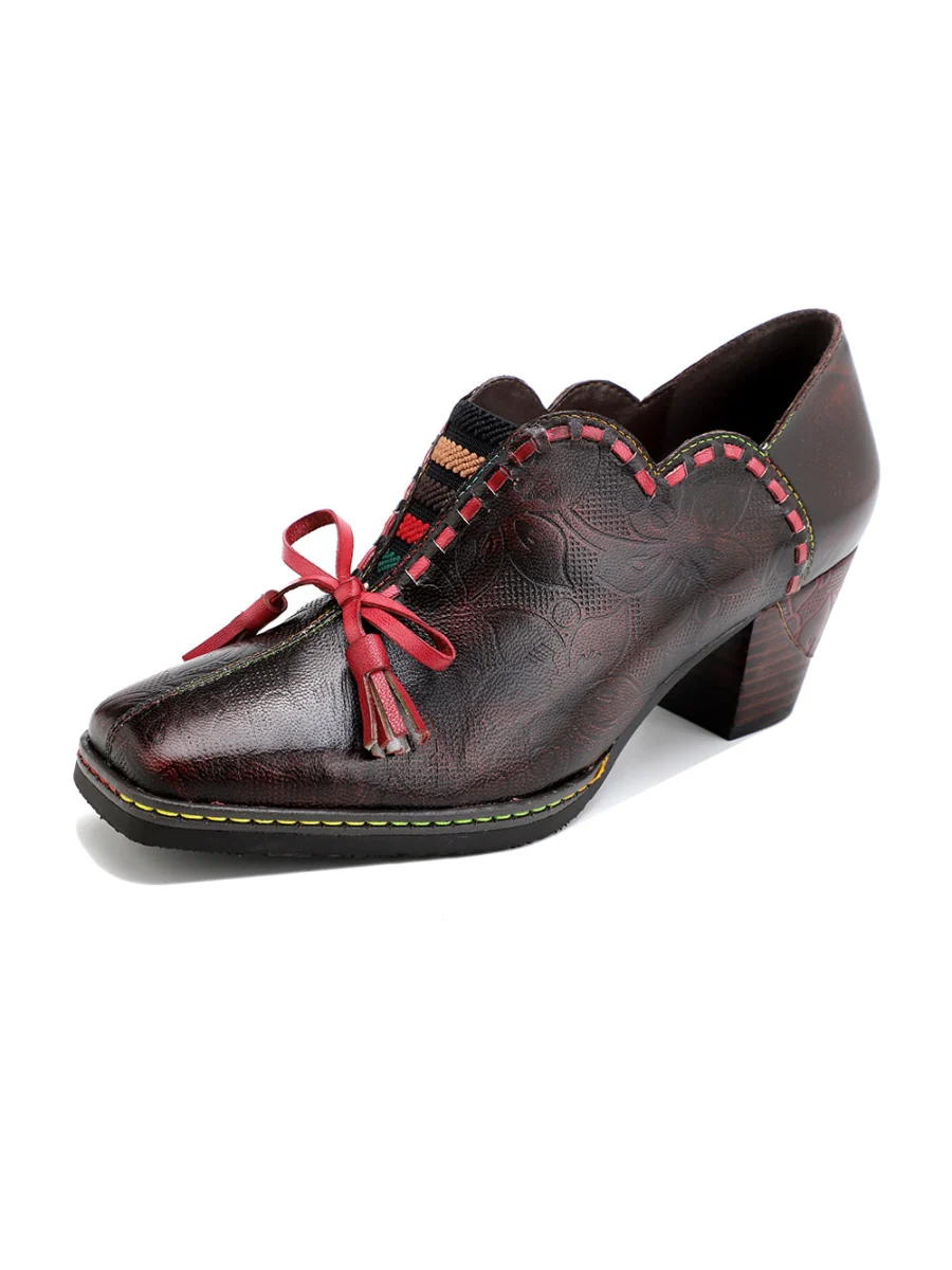 SOFFIA | Curve Ankle Floral Embossed Genuine Leather Loafers - Image 3