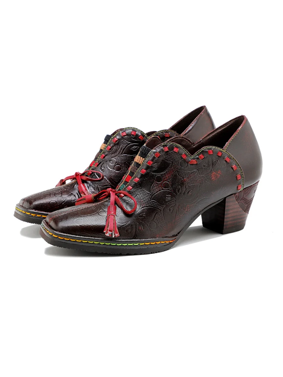 SOFFIA | Curve Ankle Floral Embossed Genuine Leather Loafers - Image 4