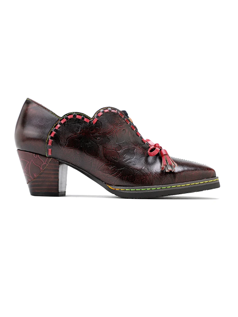 SOFFIA | Curve Ankle Floral Embossed Genuine Leather Loafers - Image 5