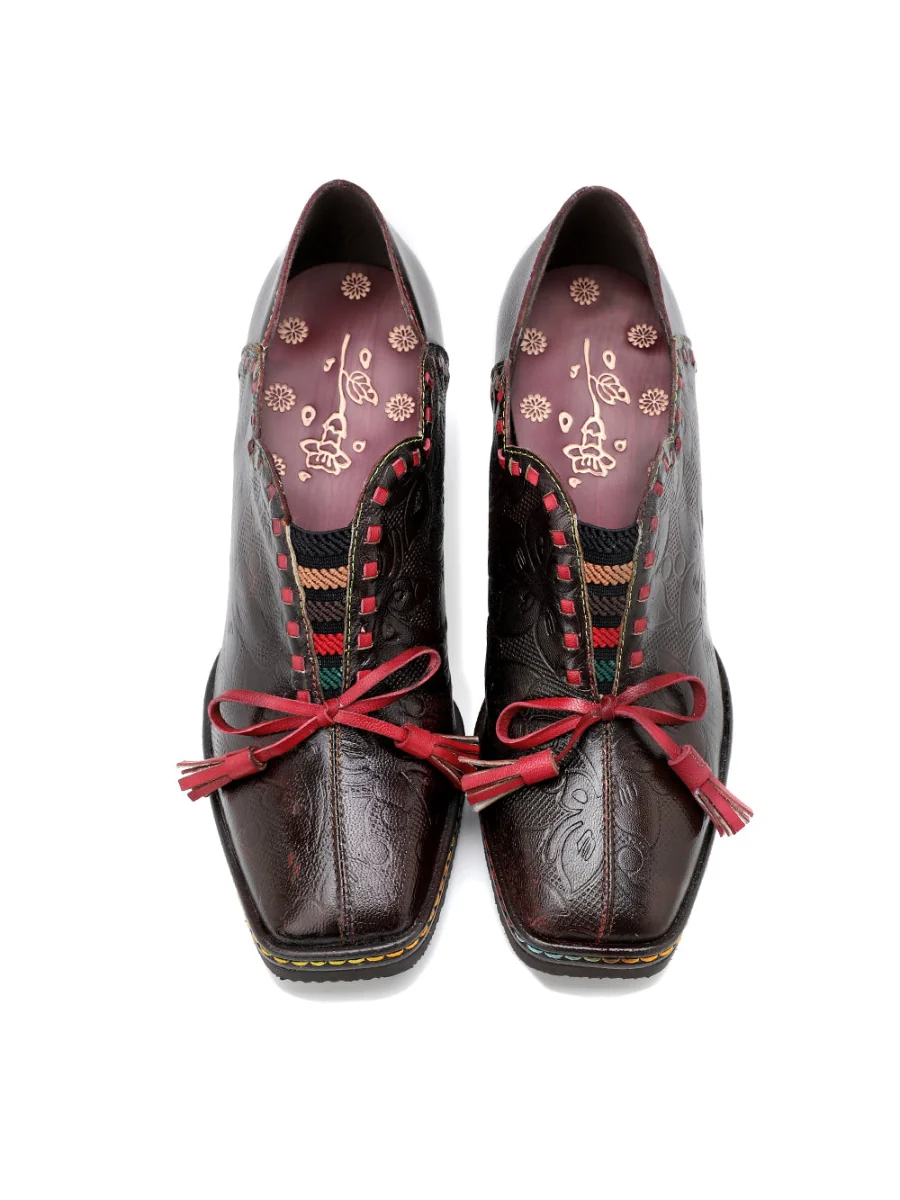 SOFFIA | Curve Ankle Floral Embossed Genuine Leather Loafers - Image 6