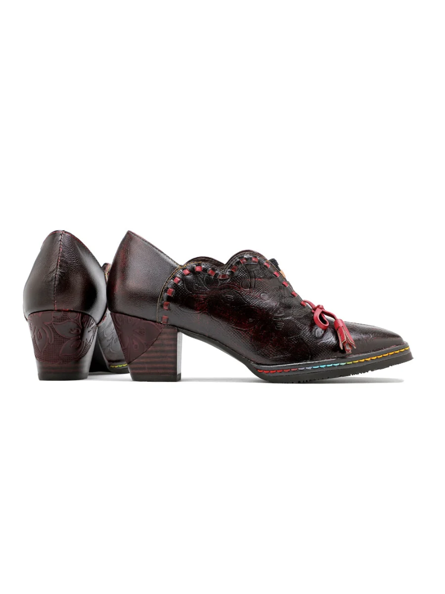 SOFFIA | Curve Ankle Floral Embossed Genuine Leather Loafers - Image 7