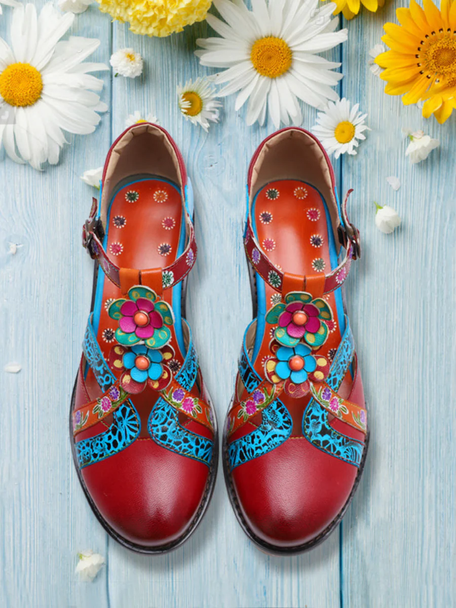 SOFFIA | Genuine Leather Cut Out T-Strap Dora Sandals Oxford Shoes - Image 3