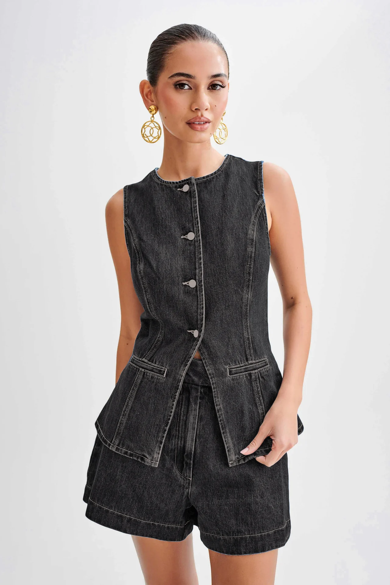 Dallas Button Front Denim Matching Sets - black - Image 3