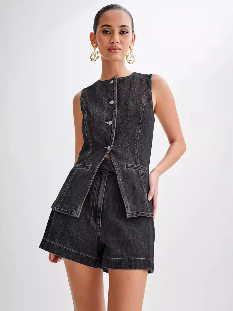 Dallas Button Front Denim Matching Sets - black - Image 4