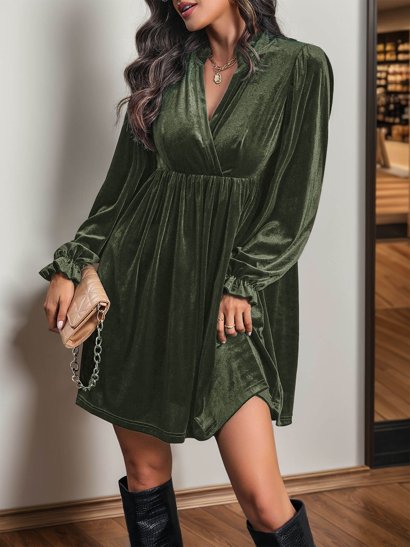 Dance All Night Velvet Mini Dress - Olive - Image 2