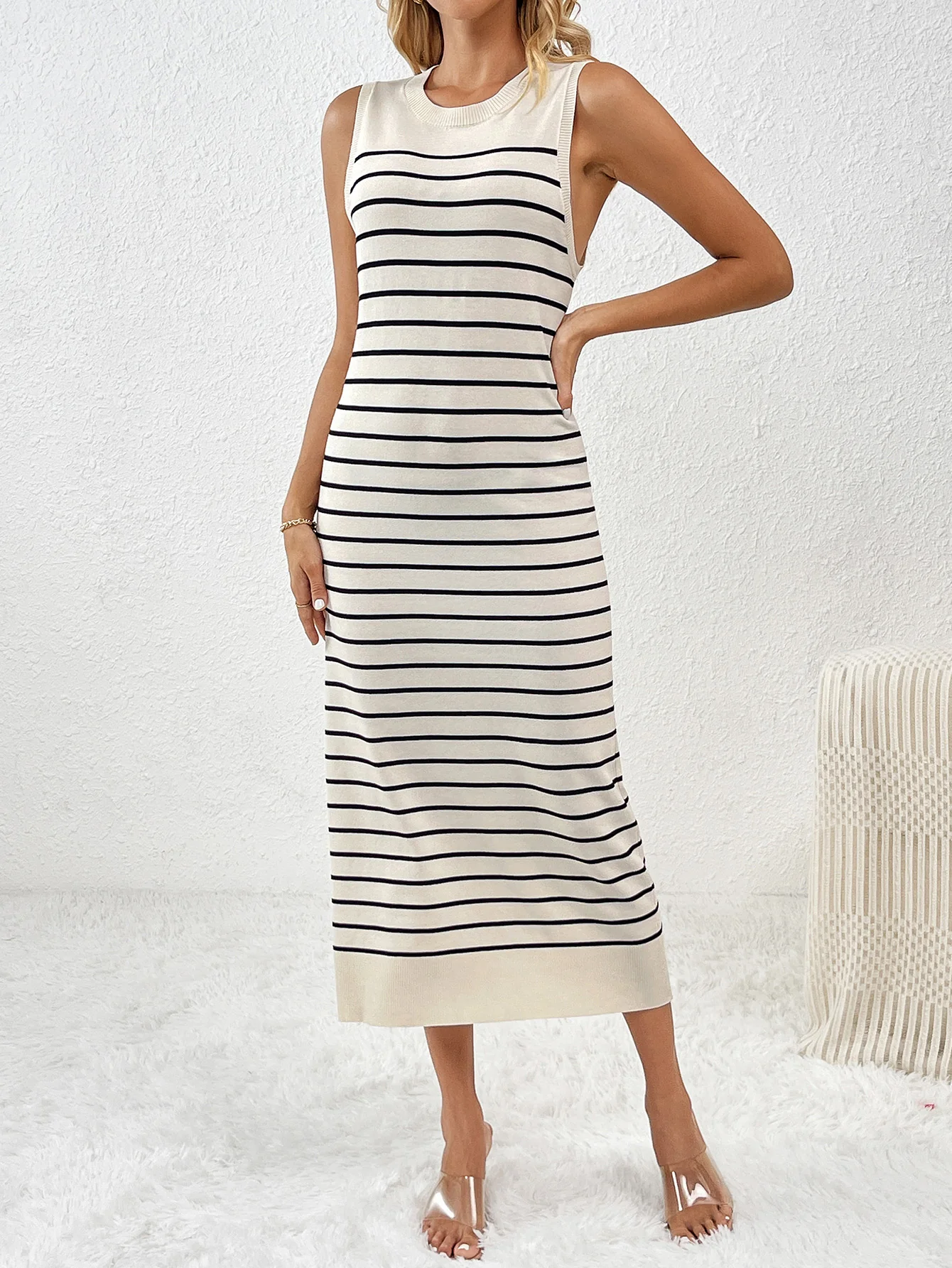 Dancing On Air Striped Knit Midi Dress - Black - Image 2