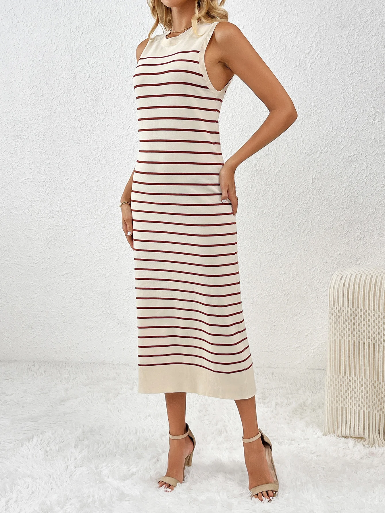 Dancing On Air Striped Knit Midi Dress - Coffee - Image 2