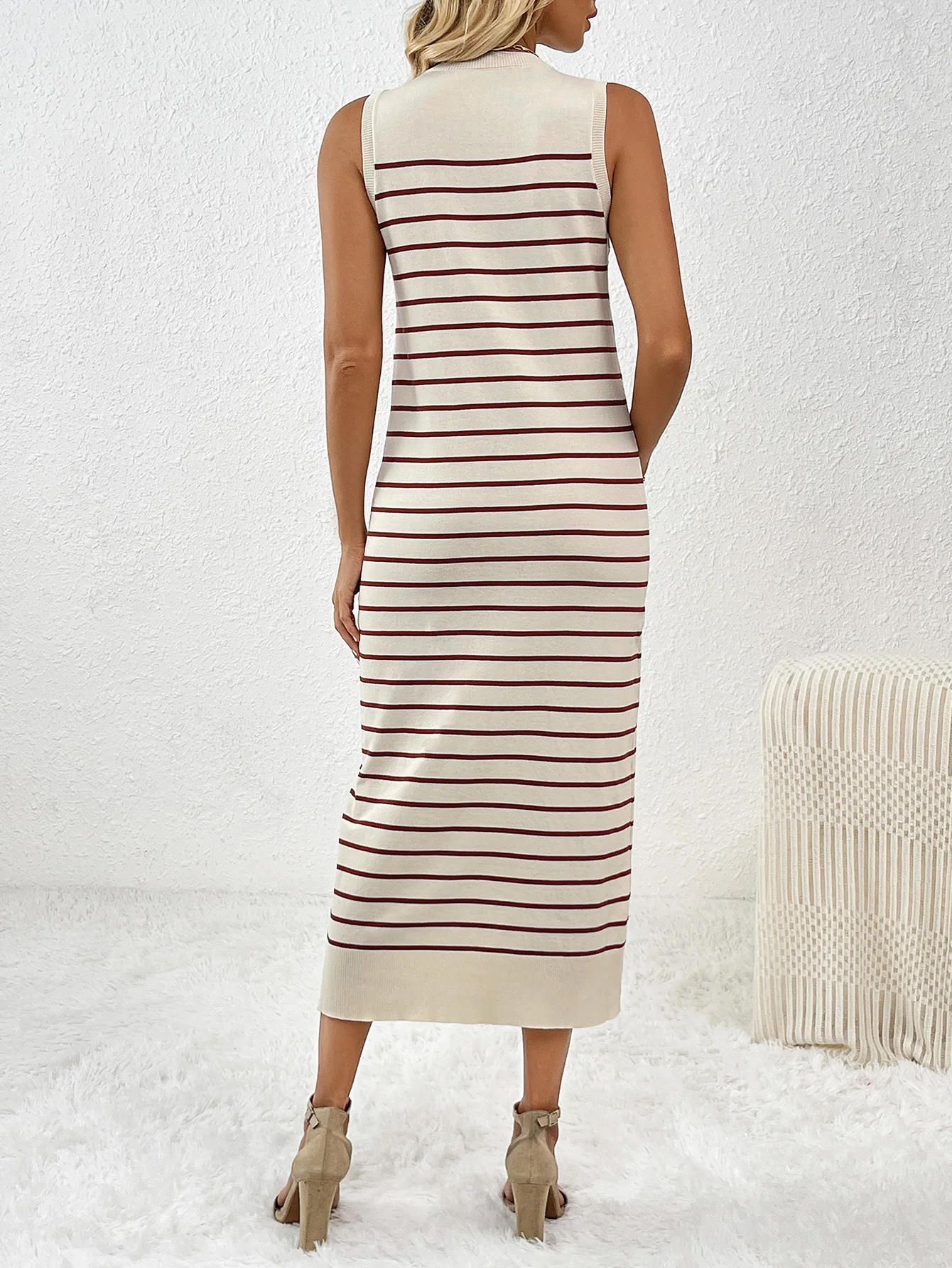 Dancing On Air Striped Knit Midi Dress - Coffee - Image 3
