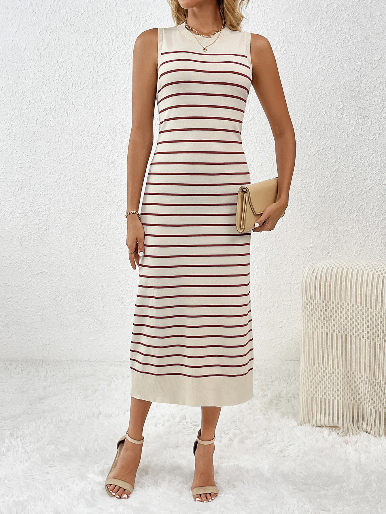 Dancing On Air Striped Knit Midi Dress - Coffee - Image 5