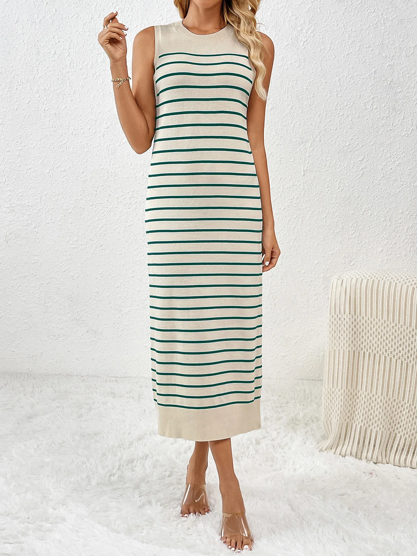 Dancing On Air Striped Knit Midi Dress - Green - Image 2