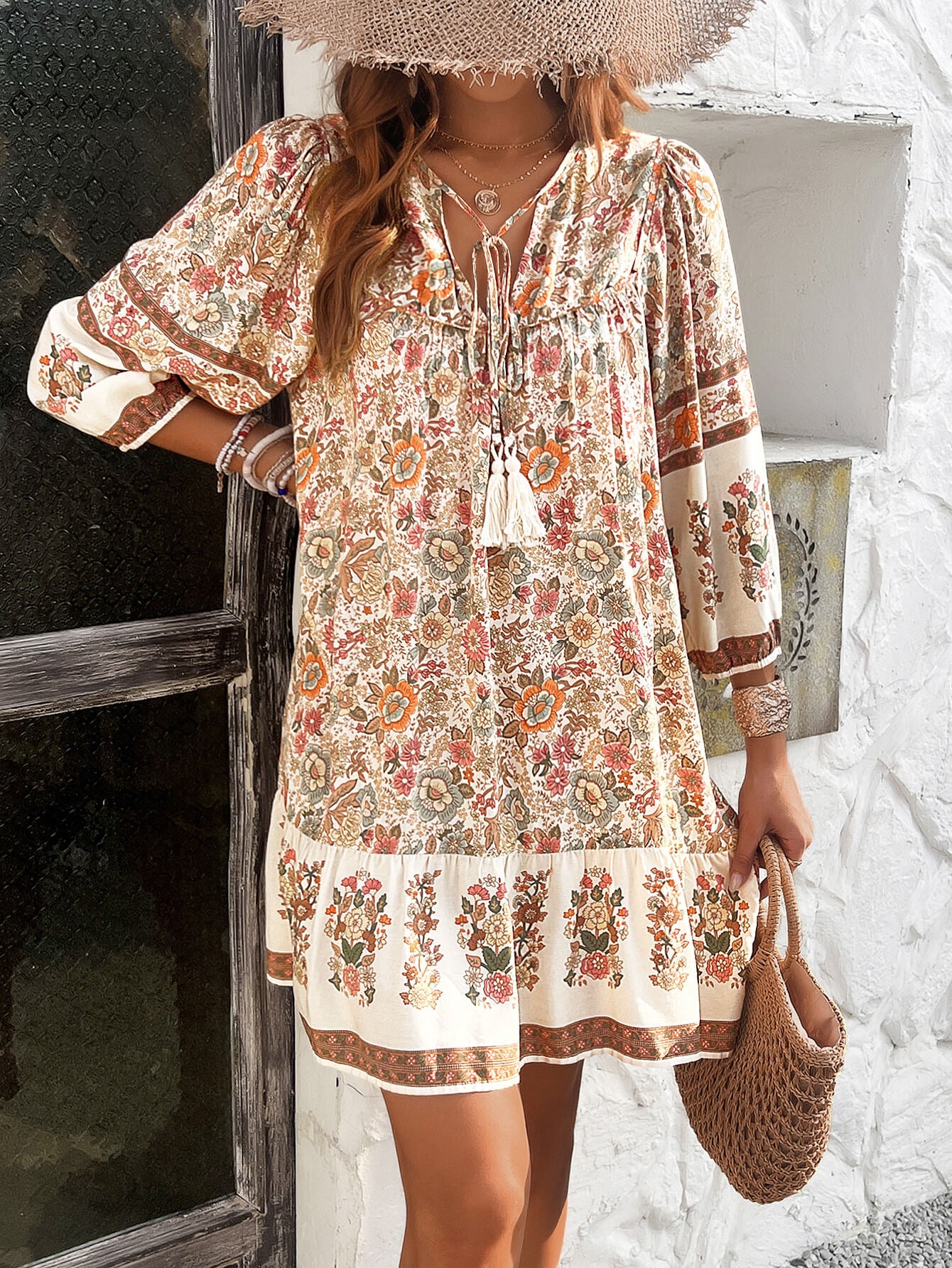 Dannie Floral Boho Mini Dress - beige - Image 3