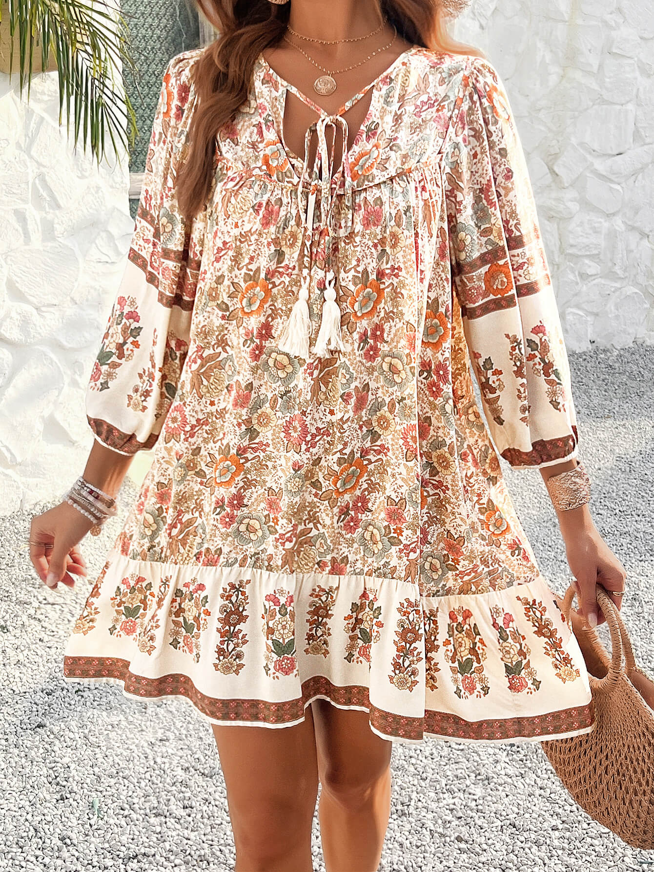 Dannie Floral Boho Mini Dress - beige - Image 5