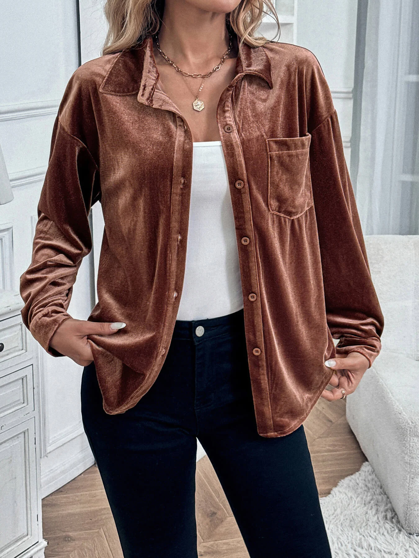 Darlena Velvet Shirts - Brown - Image 4