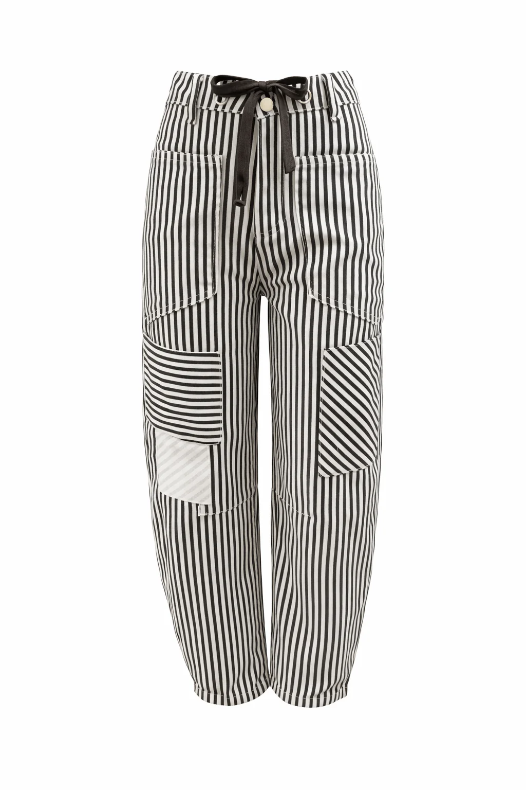 Delicate Patch Work Striped Drawstring Barrel Jean - chocolate - Image 4