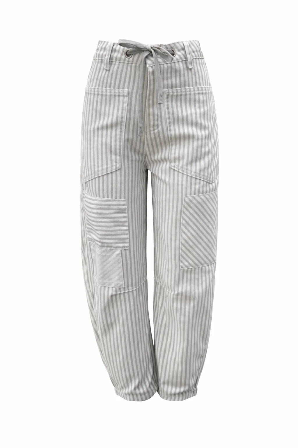 Delicate Patch Work Striped Drawstring Barrel Jean - grey - Image 4