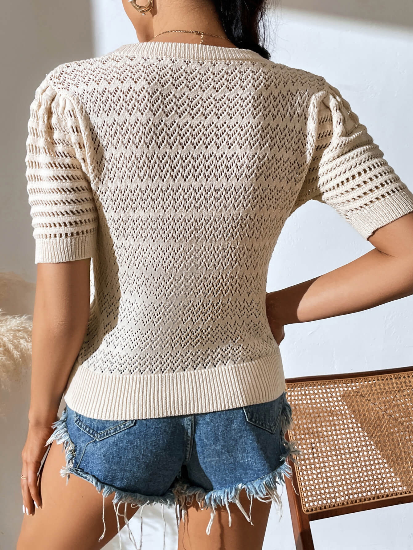 Delphina Perforated Knit Top - Beige - Image 3