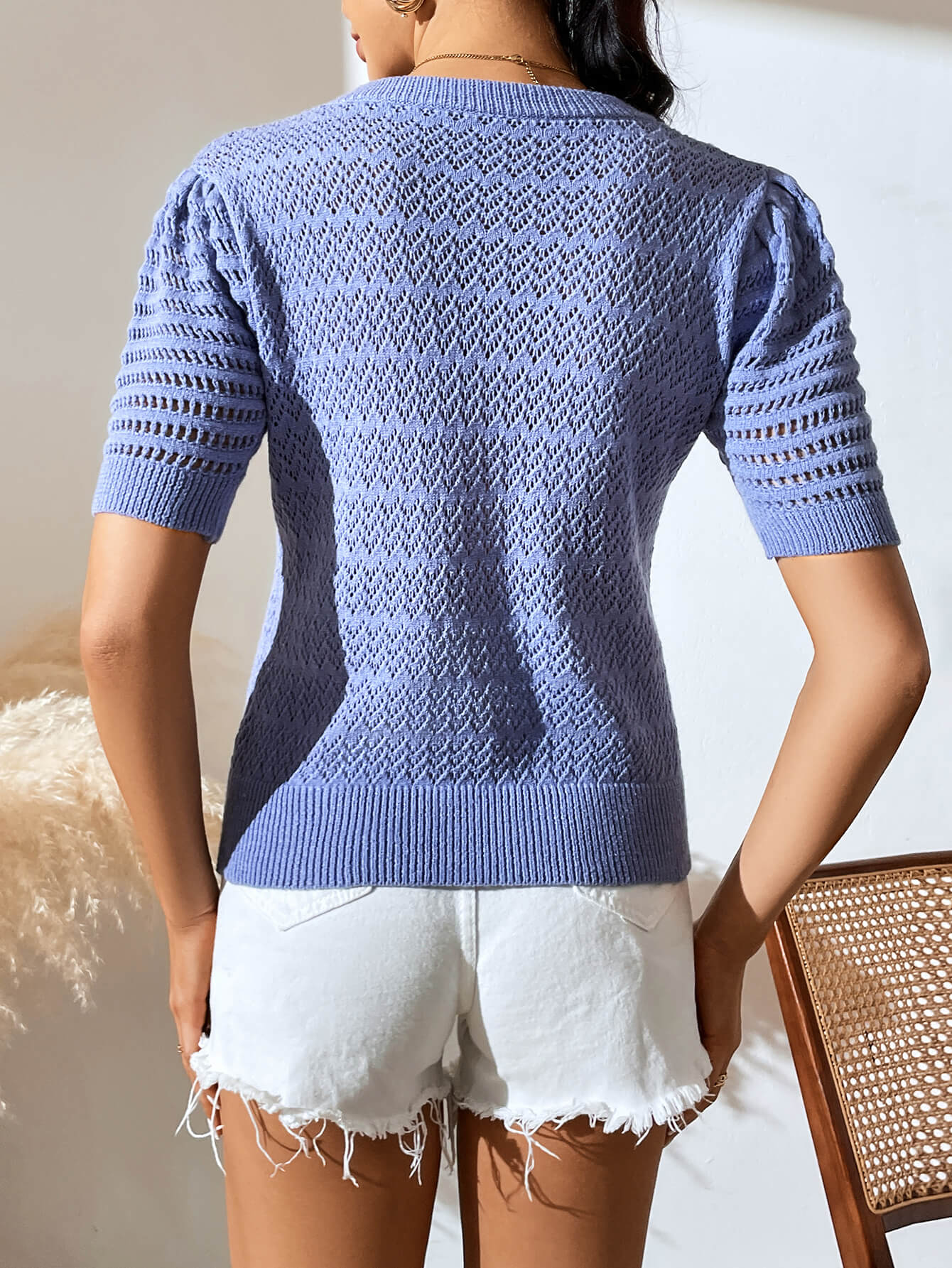 Delphina Perforated Knit Top - Blue - Image 3