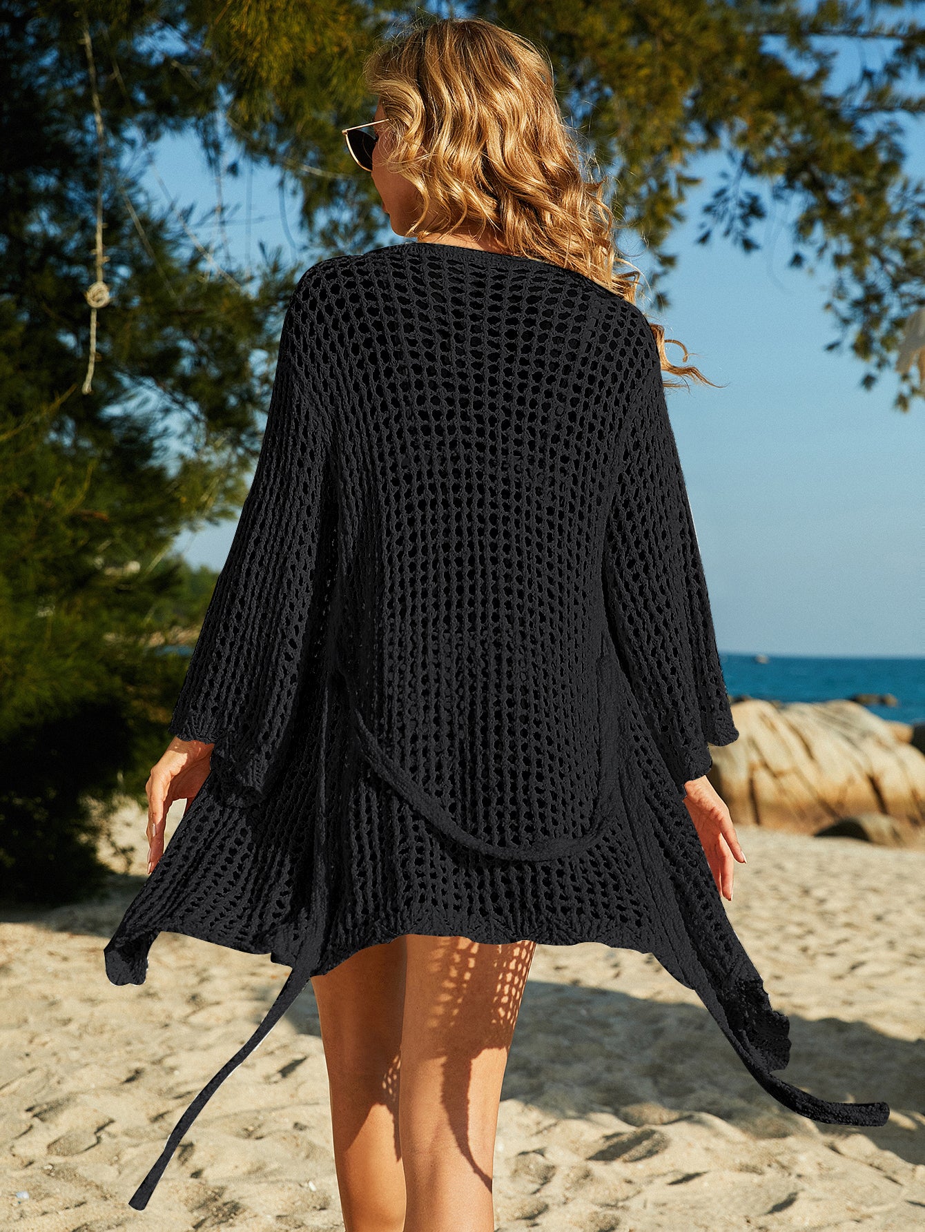 DELTA CROCHET KNIT CARDIGAN - BLACK - Image 5