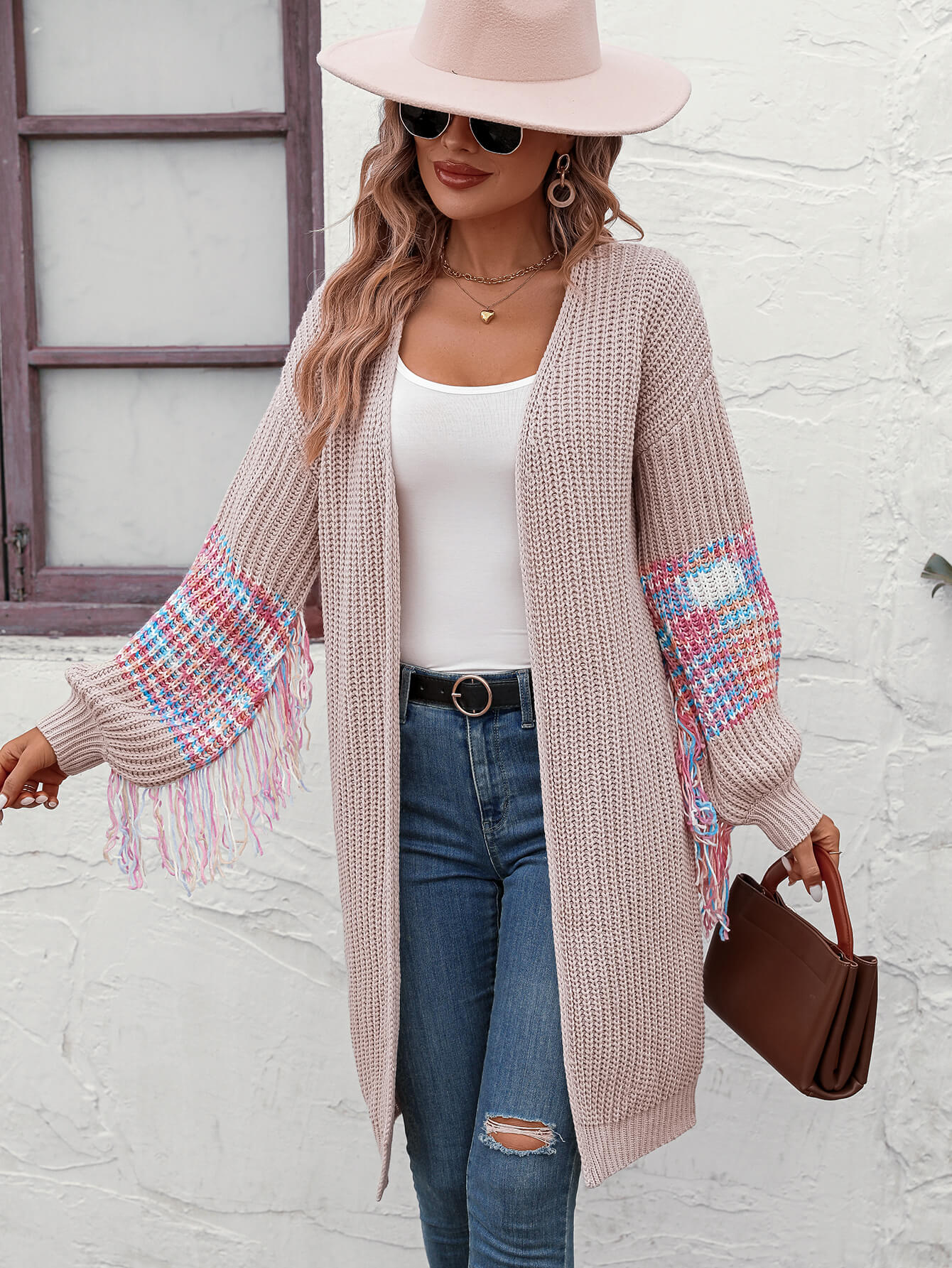 Desert Dreams Knit Fringe Hem Sleeve Cardigan - Beige - Image 3