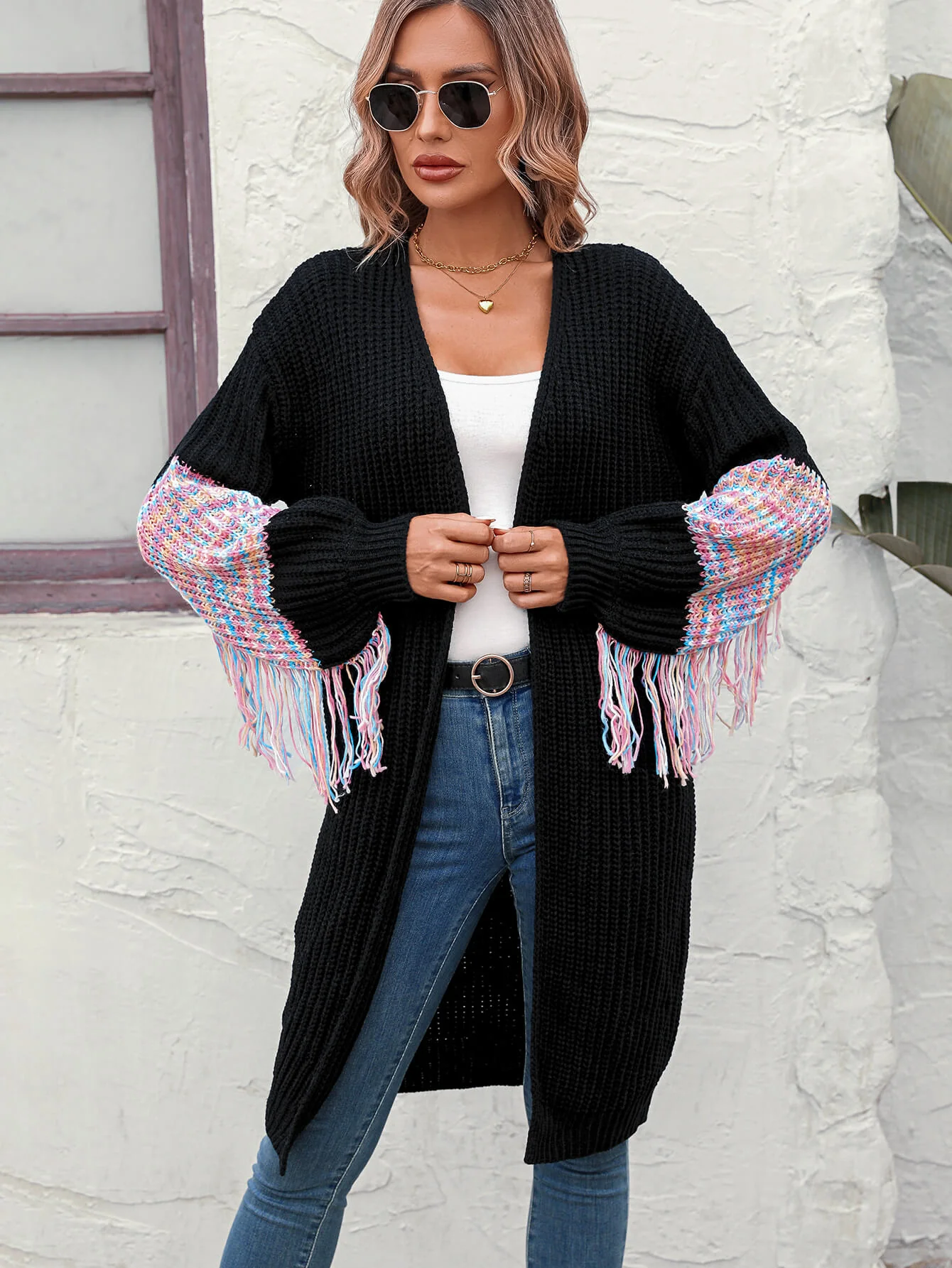 Desert Dreams Knit Fringe Hem Sleeve Cardigan - Black - Image 4