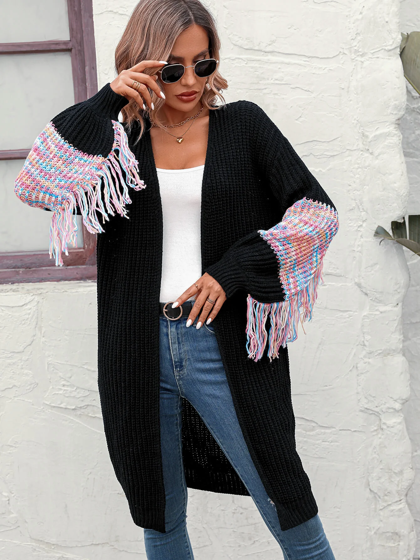 Desert Dreams Knit Fringe Hem Sleeve Cardigan - Black - Image 5