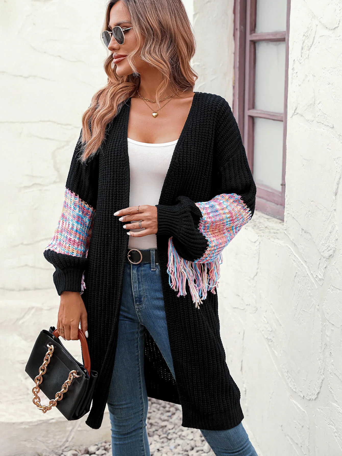 Desert Dreams Knit Fringe Hem Sleeve Cardigan - Black - Image 6