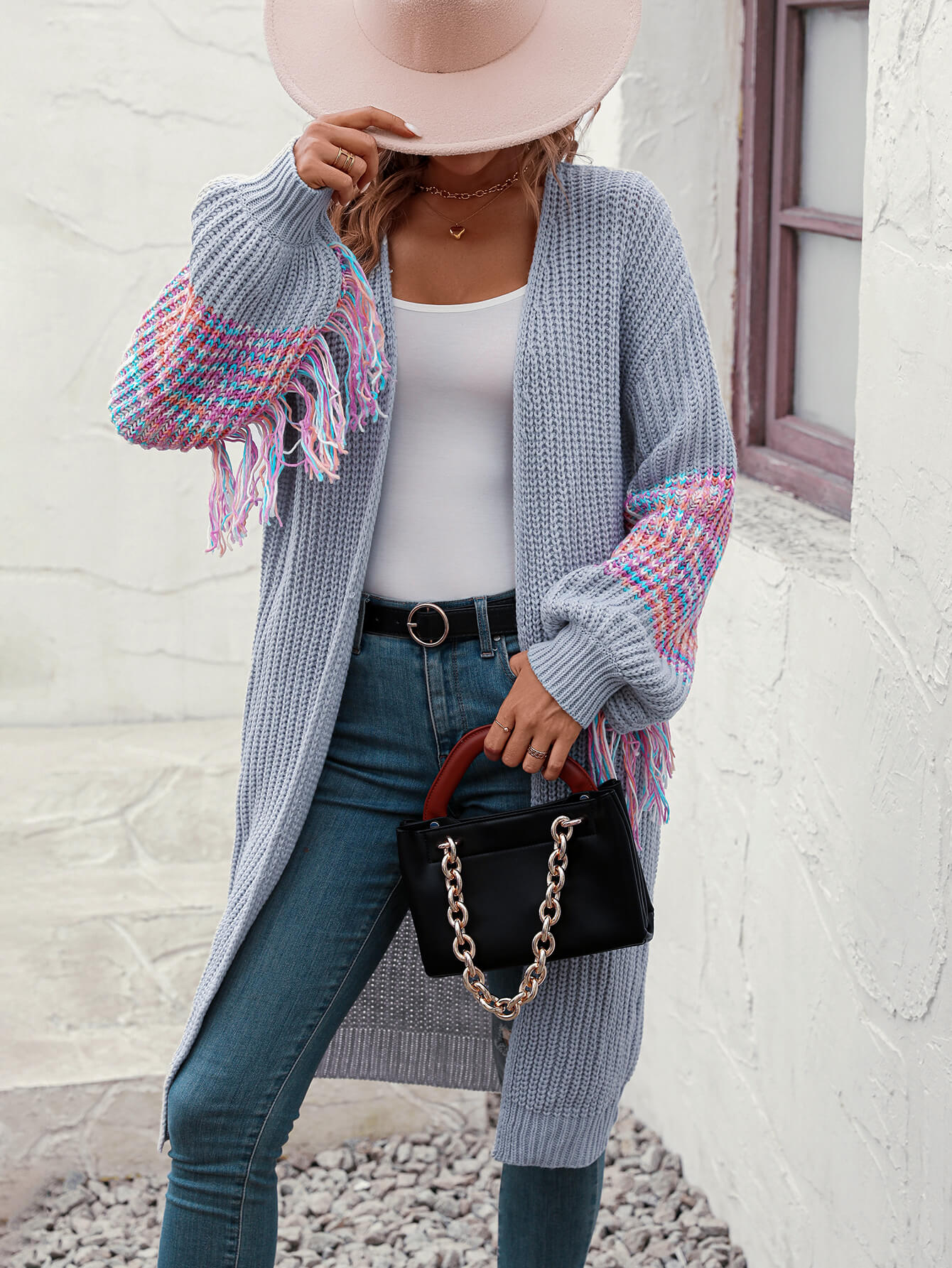 Desert Dreams Knit Fringe Hem Sleeve Cardigan - Grey - Image 2