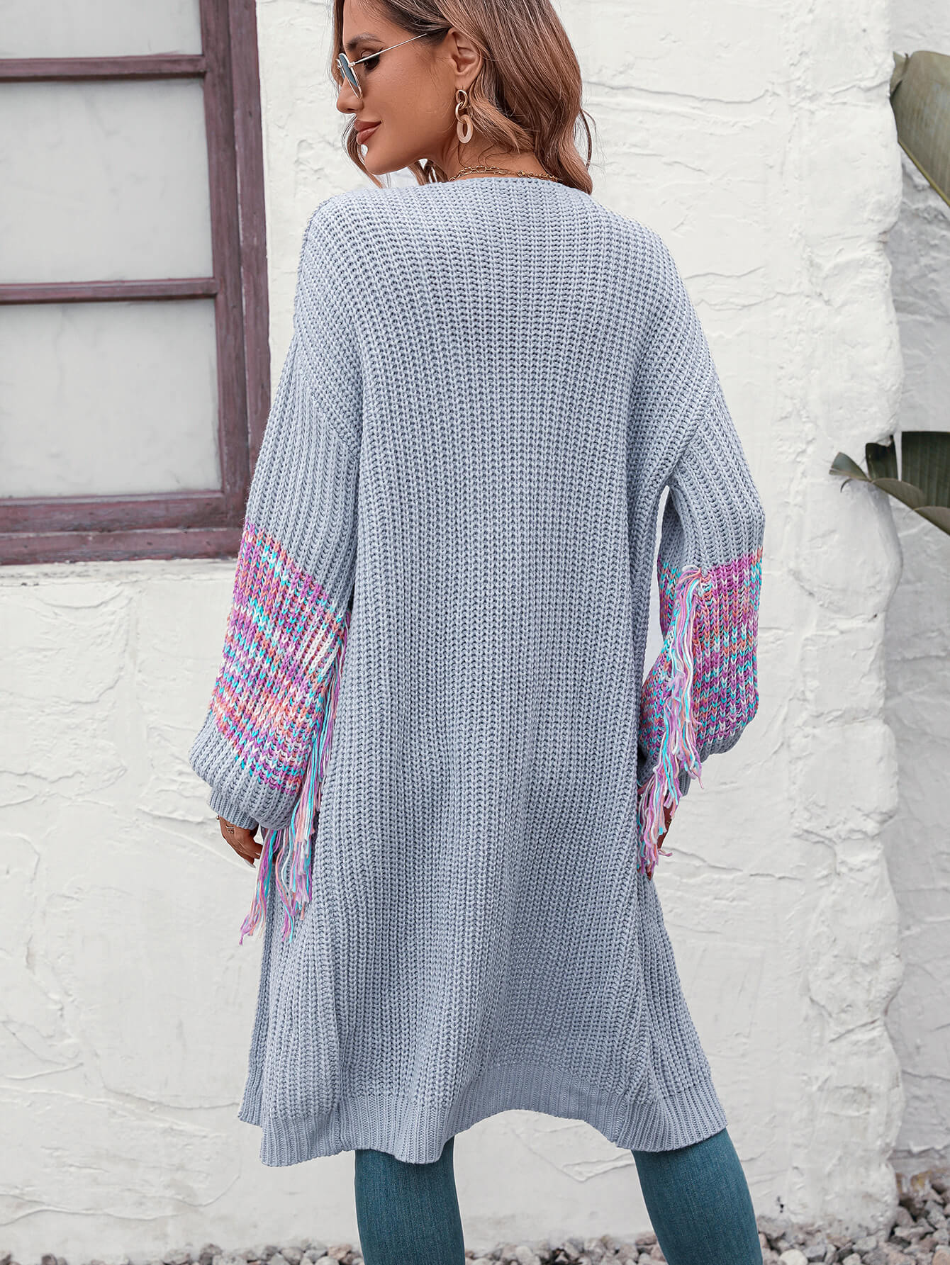 Desert Dreams Knit Fringe Hem Sleeve Cardigan - Grey - Image 3