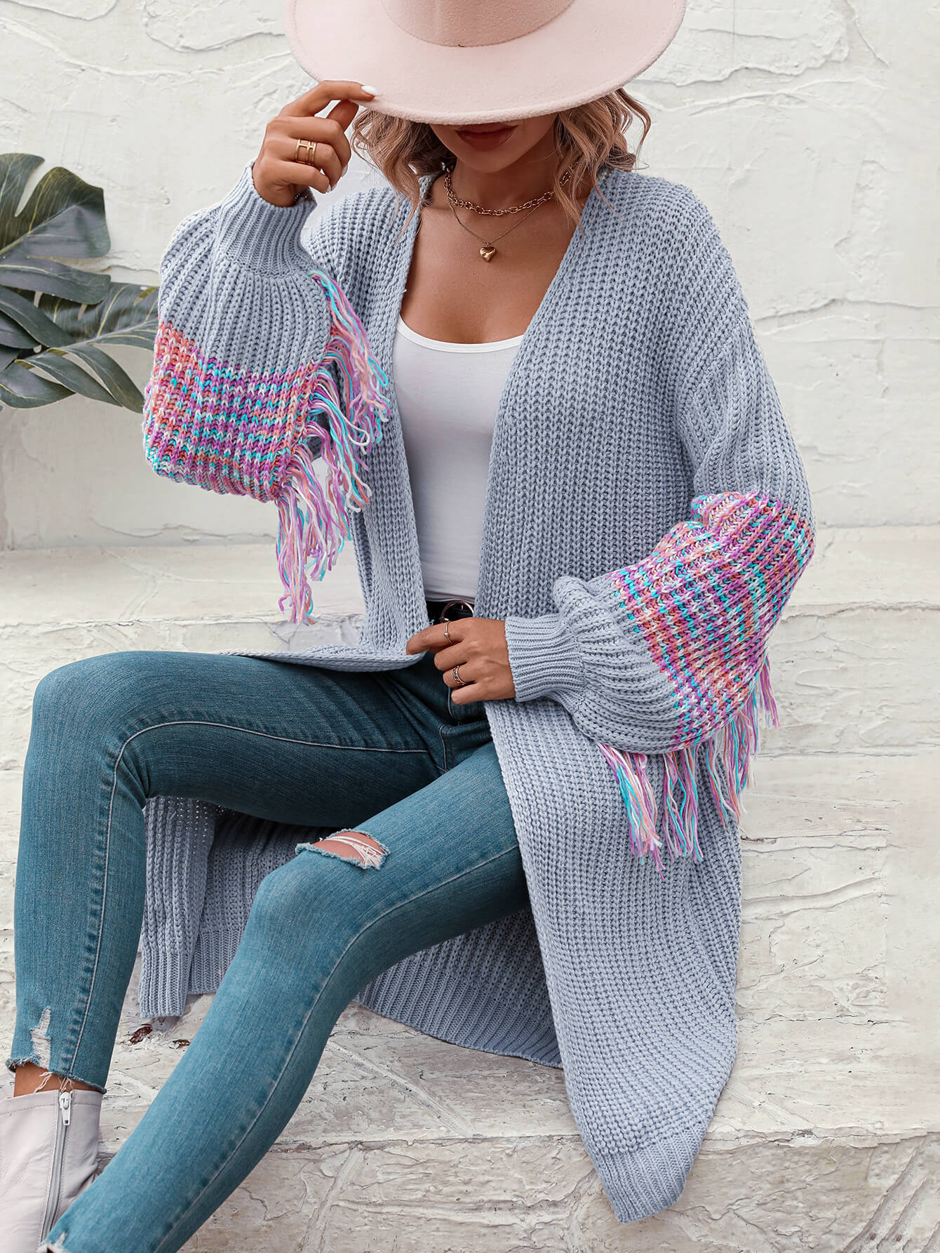 Desert Dreams Knit Fringe Hem Sleeve Cardigan - Grey - Image 4