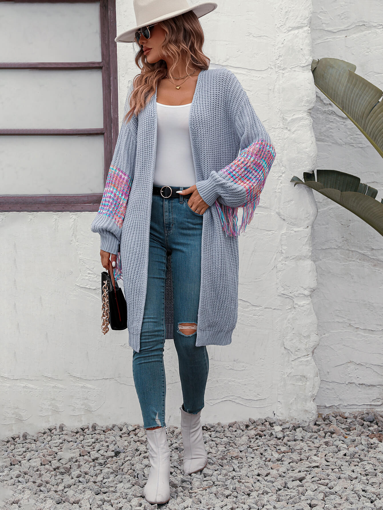 Desert Dreams Knit Fringe Hem Sleeve Cardigan - Grey - Image 6