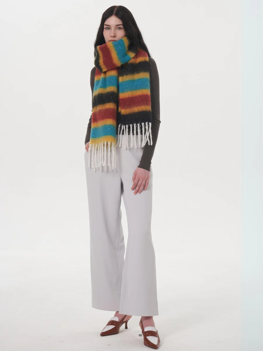Dopamine Wool Blend Stripe Tassel Blanket Scarf - Black - Image 10