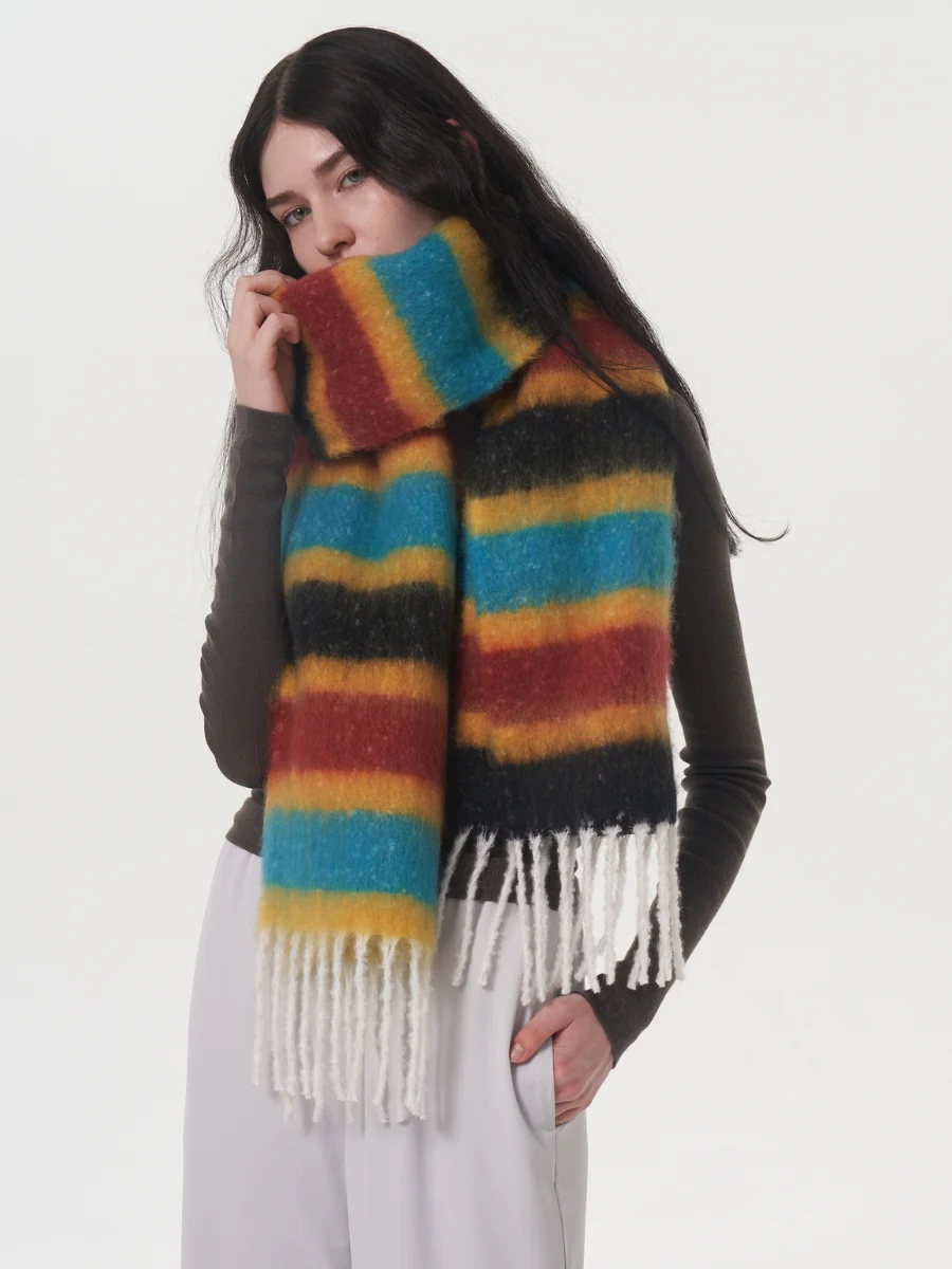 Dopamine Wool Blend Stripe Tassel Blanket Scarf - Black - Image 3