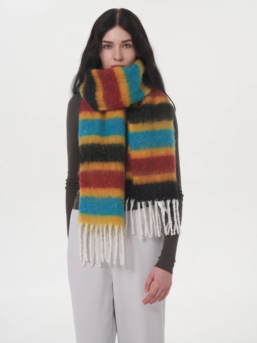 Dopamine Wool Blend Stripe Tassel Blanket Scarf - Black - Image 4