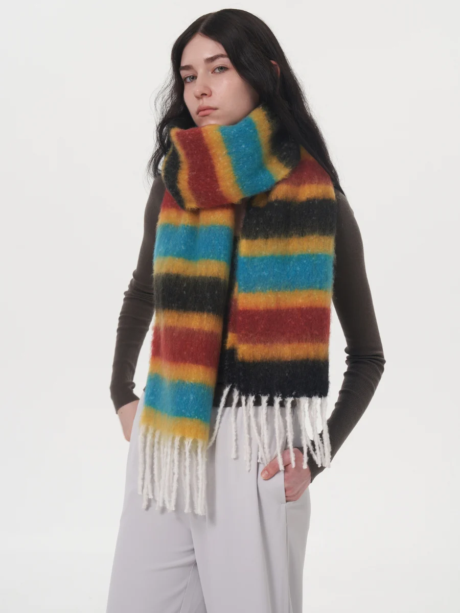 Dopamine Wool Blend Stripe Tassel Blanket Scarf - Black - Image 5