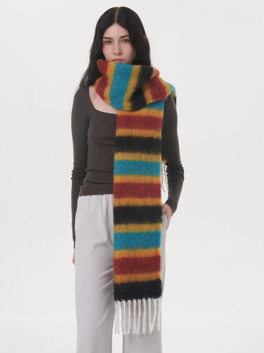 Dopamine Wool Blend Stripe Tassel Blanket Scarf - Black - Image 6