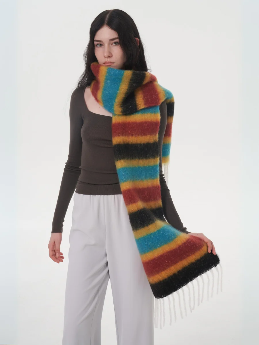 Dopamine Wool Blend Stripe Tassel Blanket Scarf - Black - Image 7