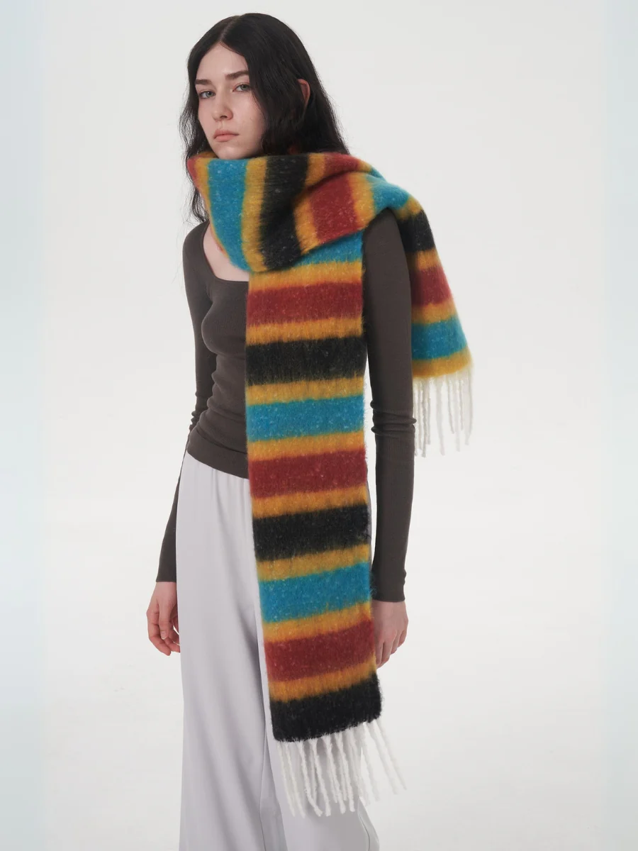 Dopamine Wool Blend Stripe Tassel Blanket Scarf - Black - Image 8
