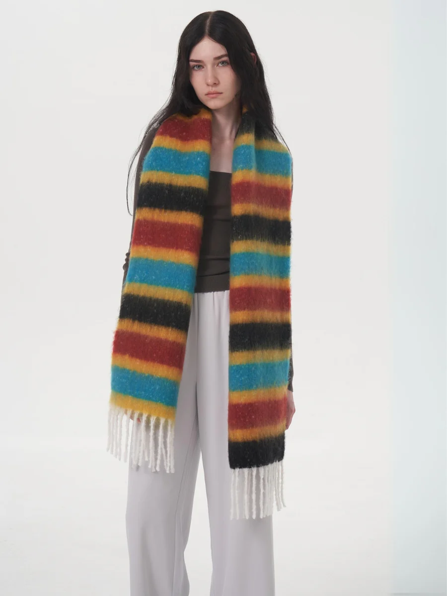 Dopamine Wool Blend Stripe Tassel Blanket Scarf - Black - Image 9