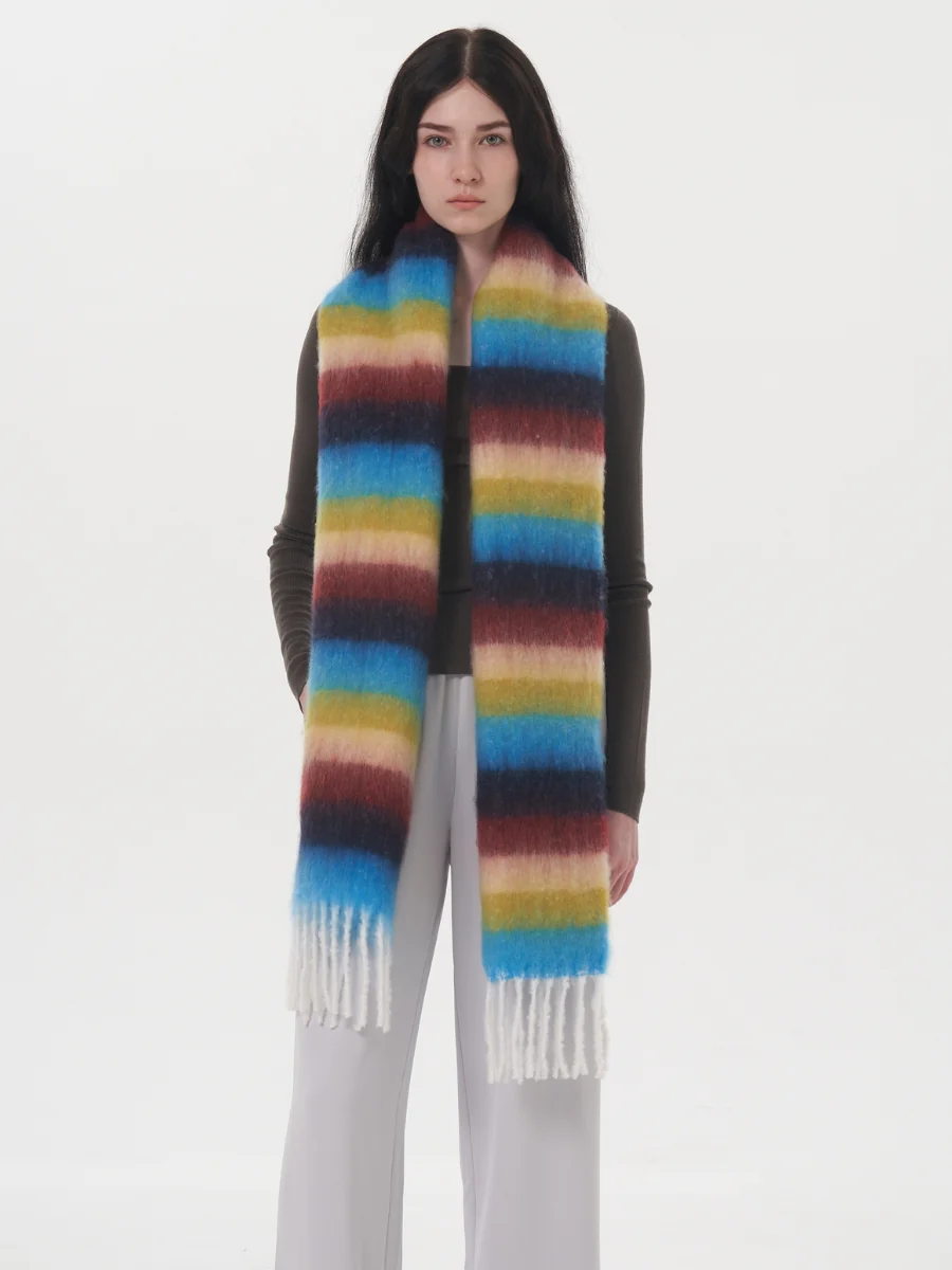 Dopamine Wool Blend Stripe Tassel Blanket Scarf - Blue - Image 10