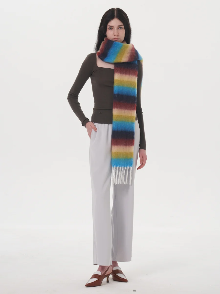 Dopamine Wool Blend Stripe Tassel Blanket Scarf - Blue - Image 3