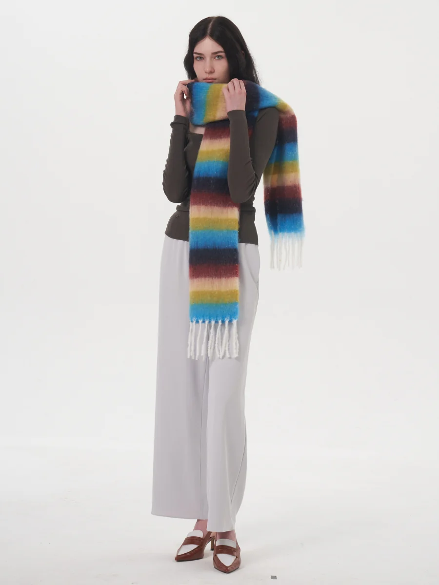 Dopamine Wool Blend Stripe Tassel Blanket Scarf - Blue - Image 4