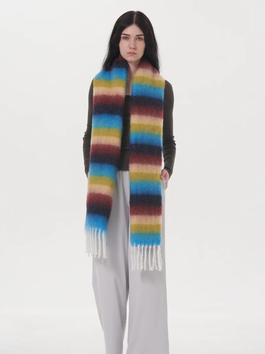Dopamine Wool Blend Stripe Tassel Blanket Scarf - Blue - Image 5