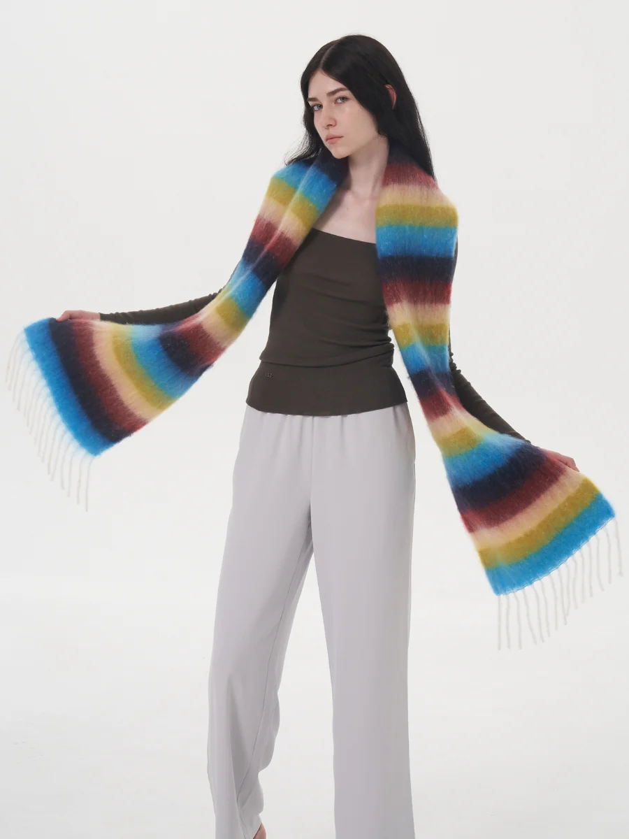 Dopamine Wool Blend Stripe Tassel Blanket Scarf - Blue - Image 6